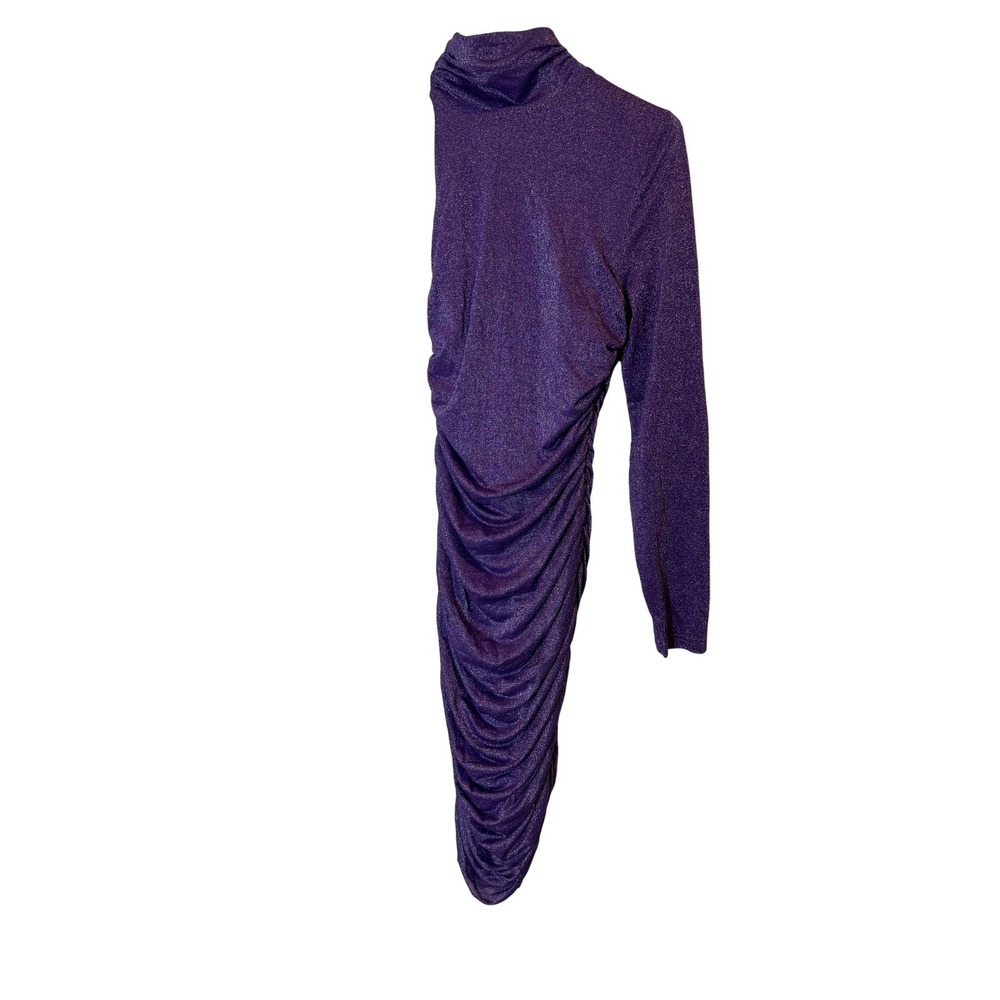 Cefian Dress Womens Medium Purple Glitter One Shoulder Ruched Bodycon Midi Party